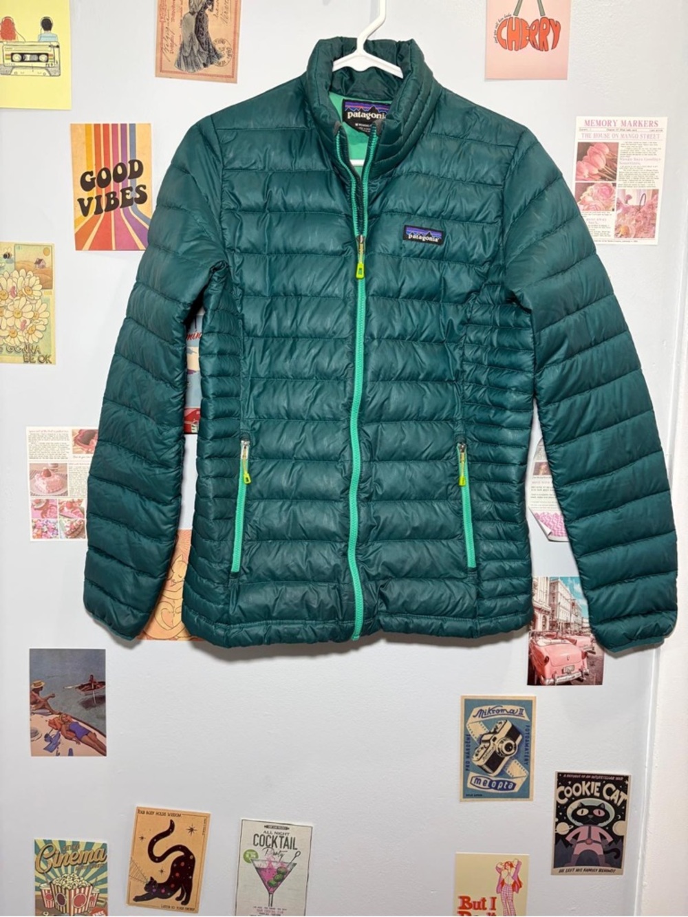Patagonia Women's Dark Teal Quilted Puff Jacket with Green Trim